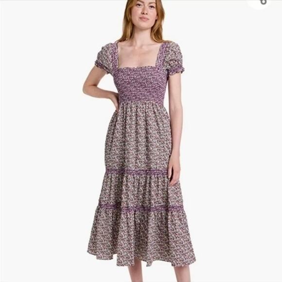O.P.T Sz S Daphne Tiered Smocked Bodice Pocket Midi Dress Purple Cottagecore - Picture 11 of 12